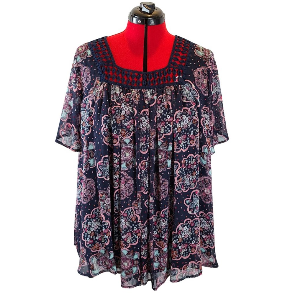 Lane Bryant Navy Floral Paisley Square Neck Blouse NWOT Size 20